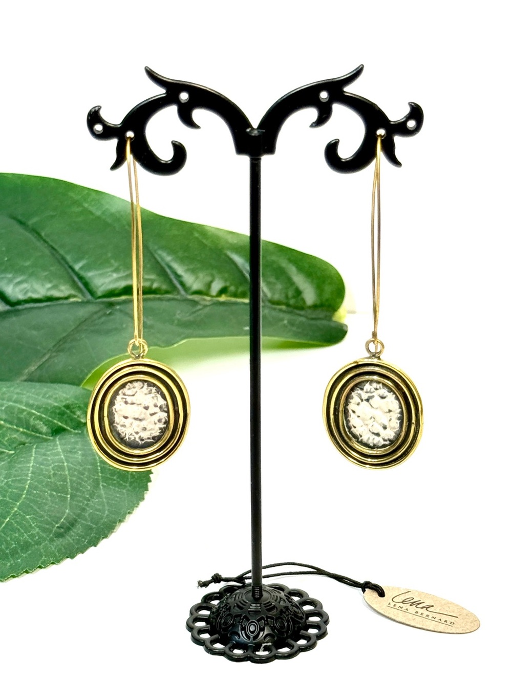 LENA BERNARD Two Tone Contemporary Hook Designer Earrings NWT